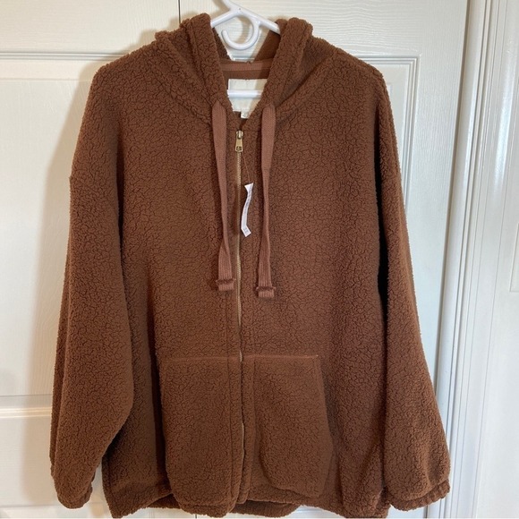 American Eagle Women's Hoodie LARGE Brown Sherpa Full Zip Comfy Casual‎ Winter - Picture 1 of 4